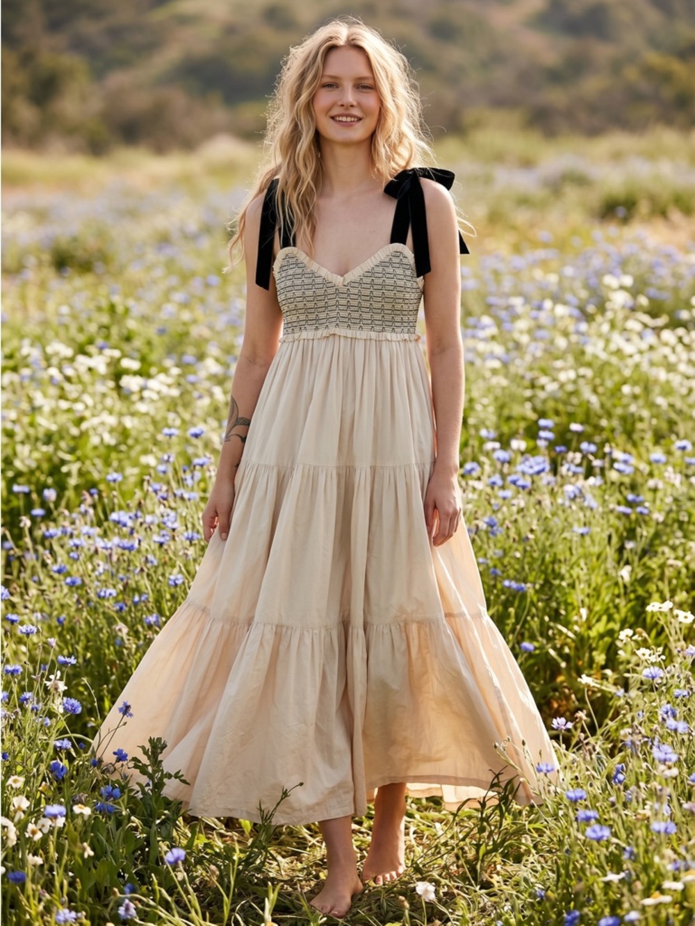 Free People Dainty Coquette Cottage Bluebell Solid Maxi Dress Sand Neutral Large